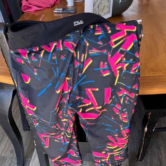 Fila Women’s Medium Black Capri with Neon Pink and Blue Pattern - Picture 3 of 4